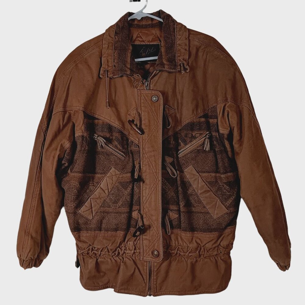 Vintage Winlit Leather Bomber Jacket Womens M Brown Western Southwestern Aztec